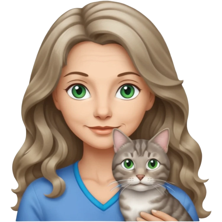 beautiful 50 yr old woman, long wavy dark blonde hair, blue green eyes with one beautiful gray tabby cat  emoji