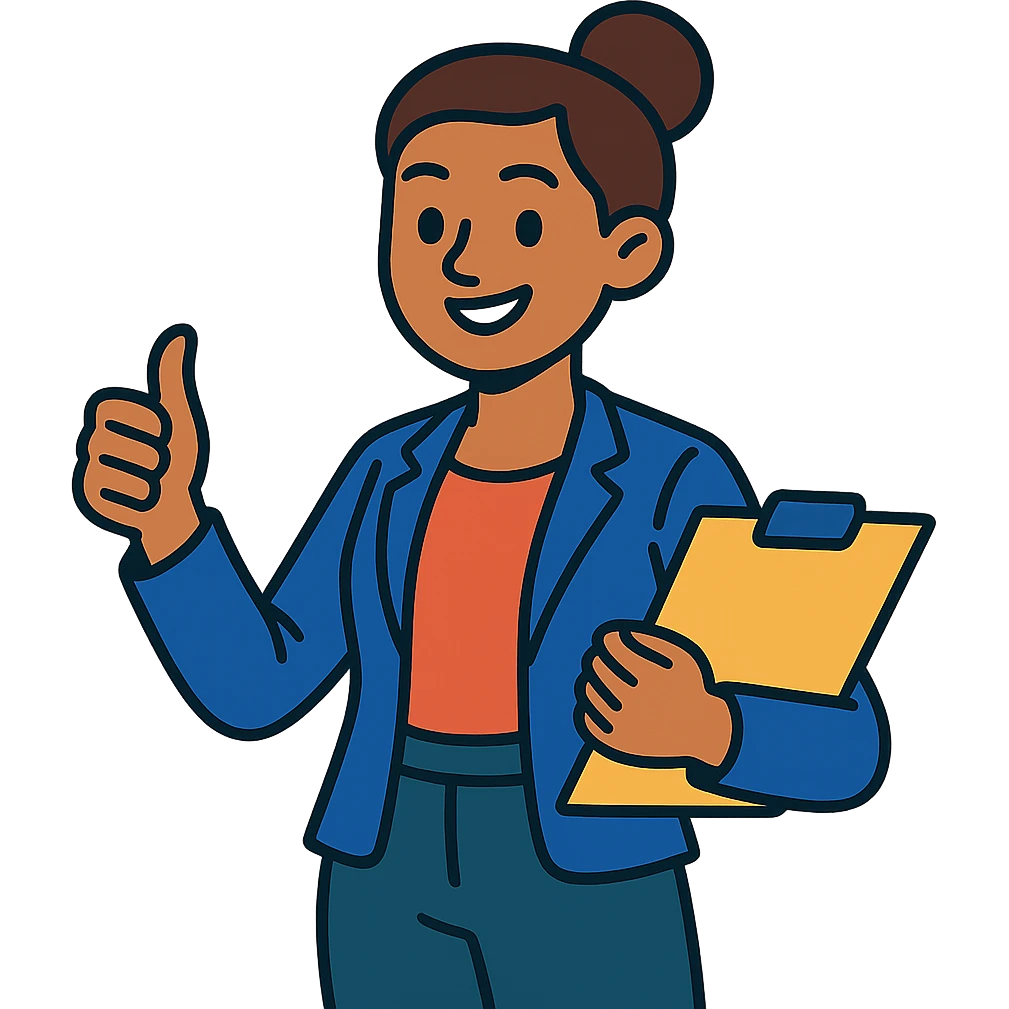 a cheerful and confident female project manager in a business casual outfit, smiling emoji