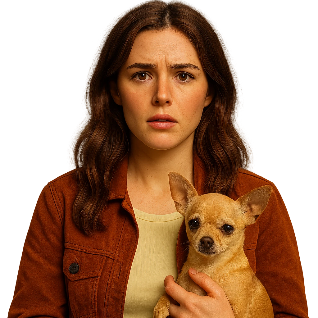 Portrait centered for Instagram profile picture, inspired by the facial features visible in the reference images, with a tanned complexion, subtle freckles, shirt color #FFF8CA, rust-colored jacket, medium-length brown hair with auburn highlights, perplexed and questioning expression, holding a beige-brown chihuahua, Netflix series style, transparent background, intimate Tenerife ambiance. emoji