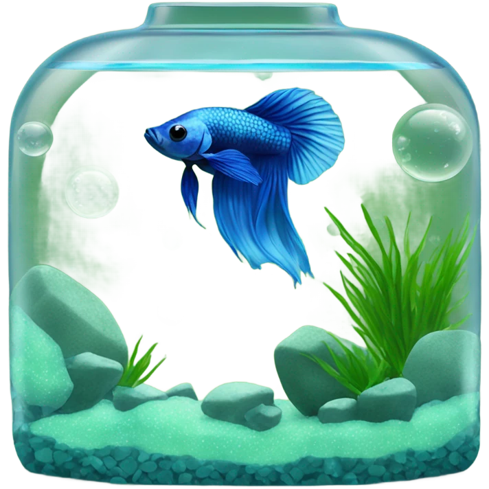 beta fish aquarium with a blue male beta fish with green rocks and bubbles emoji