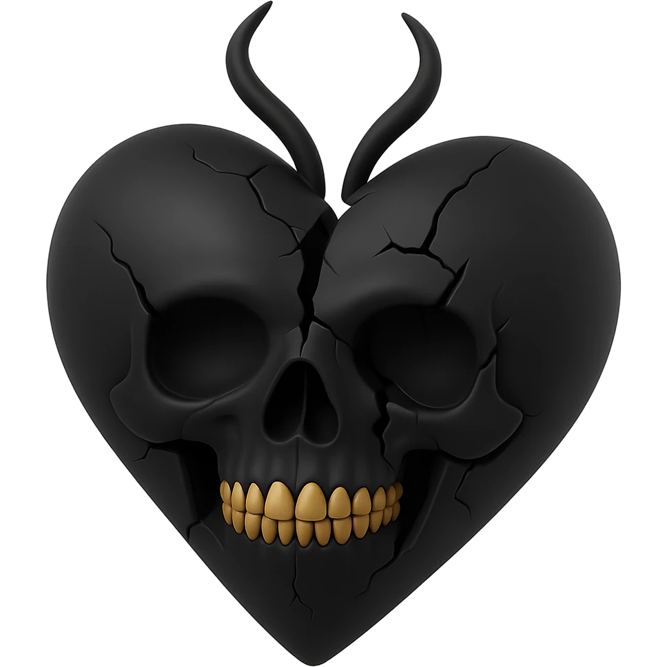 Make the 3D goth black heart with a subtle skull motif appear cracked or broken, keeping it mysterious. emoji