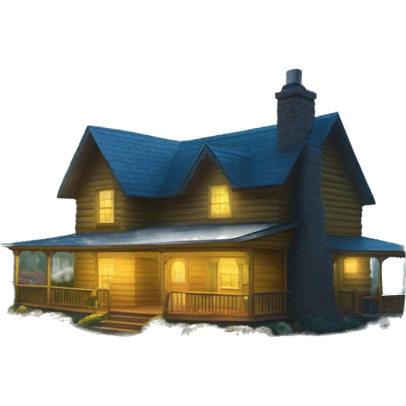  very very big Cabin near a big tree.  Thick moss growing on the roofs. The cabin thick grass fields. porch lights turned off. bright white interior lights turned on. guests sitting in chairs on the porch, flowers and bushes yellow and blue, near Scooby  emoji