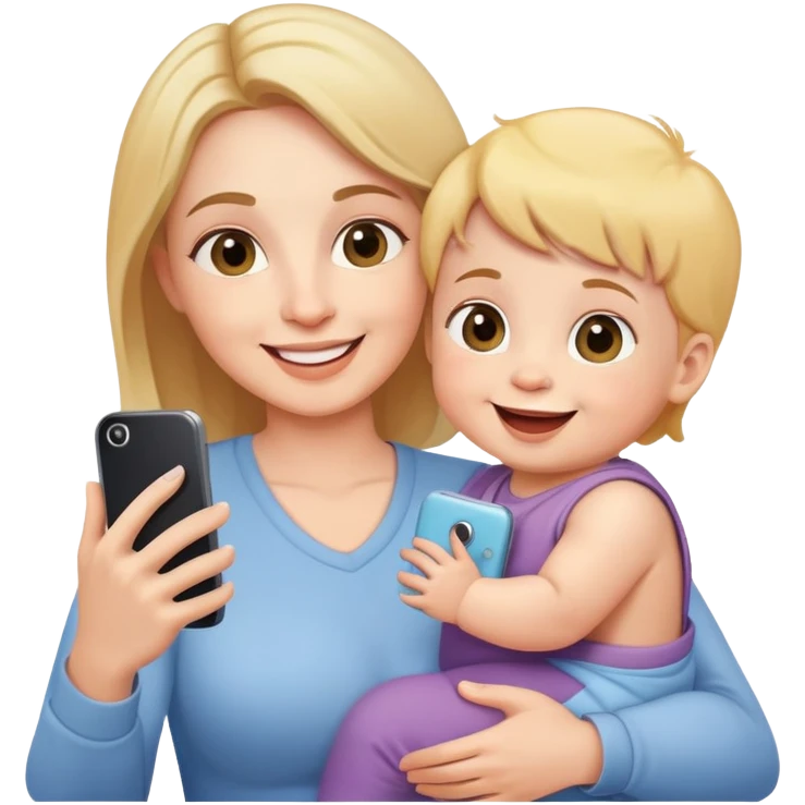 happy mother holding phone taking selfie with smiling baby emoji