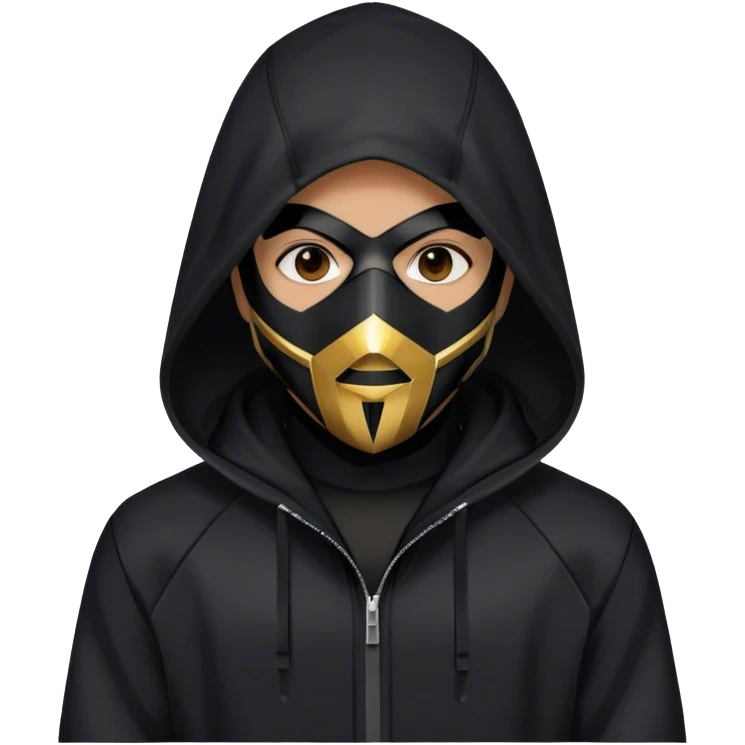 man with black hooded jacket and a full-black full-face geometric mask emoji