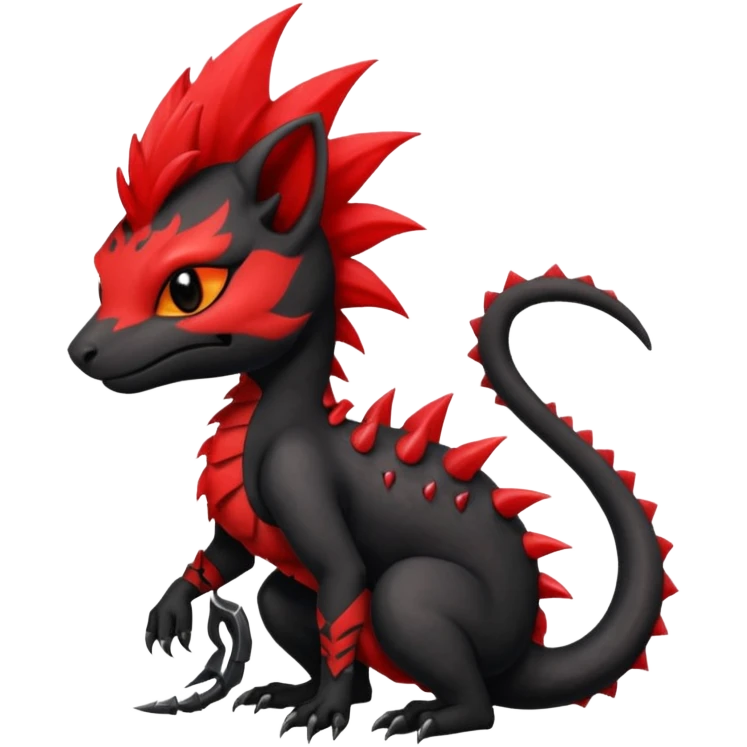 Shiny cool badass Fiery gothic evil black and red salandit-Liten-torracat with a red Mohawk  emoji