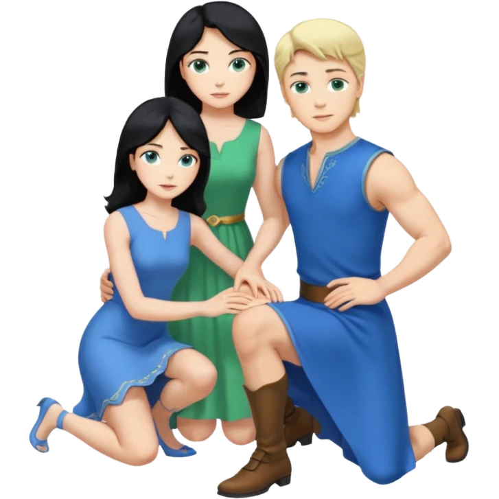 prince, upright, black Hair, blue eyes, blue garment,  Woman, blonde Hair, Green eyes, bending knee, sleveless White Dress, emoji