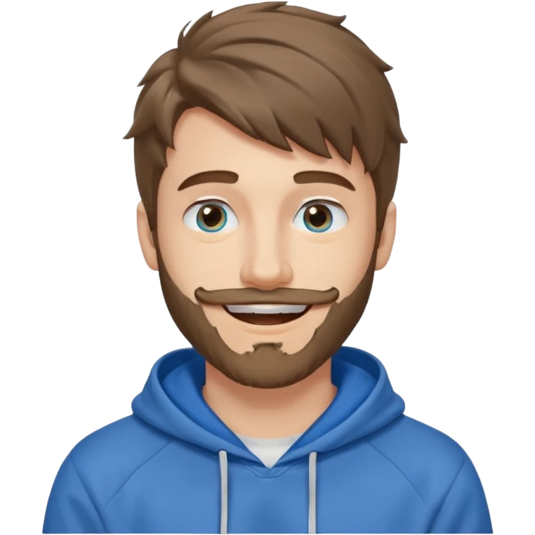 25 year old man, short scruffy beard and thin moustache, brown puffy mullet, blue eyes, big smile, white teeth, big lips, pronounced jaw, hair longer in back, sticking up on top, thin face, grey hooded sweatshirt, pale skin, big smile, blue eyes emoji