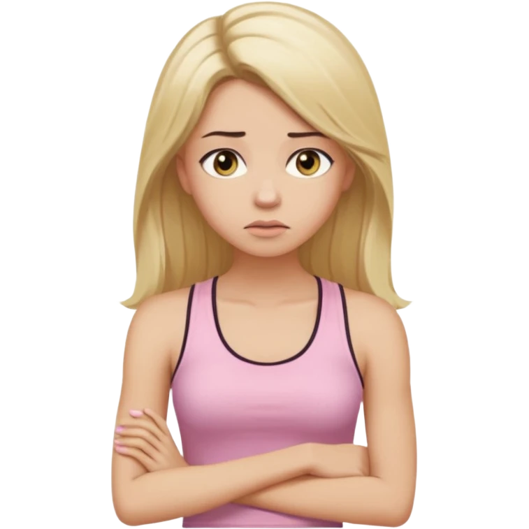 Create a young woman with long blonde hair, golden eyes, and medium-light skin tone, wearing a light pink tank top and leggings. She should be in portrait mode, but with a subtle doubting facial expression—slightly raised eyebrow, small frown, .  and her hand next to her chin like a thinker emoji