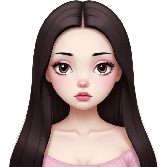 girl with white skin, dark brown long realistic straight hair with middle part prominently falling in front of her body over her shoulders, very big pouty extra shiny lips with absolutely no cupid's bow, big round shiny eyes with black eyeballs and huge eyelashes, no eyeshadow, pink blush on cheeks, lighter button nose, extremely long oval-shaped face, wearing a pink off-shoulder top, looking directly at camera with hands down at sides emoji