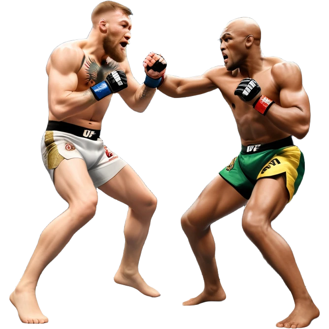 An MMA showdown between Conor McGregor and Anderson Silva in the octagon. McGregor is executing a jumping strike, while Silva skillfully deflects the attack. The background shows the UFC octagon with roaring fans and vibrant energy. Transparent background. emoji