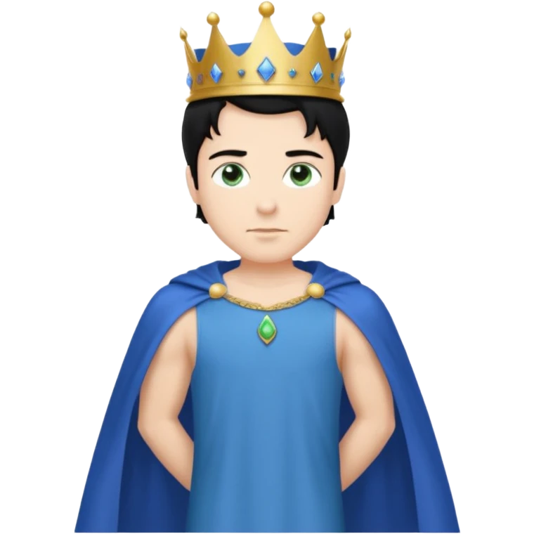 Prince with crown, blue cape and trousers, body and legs, black hair, blue eyes and maid, blonde hair, green eyes, sexy white short sleveless dress,  emoji