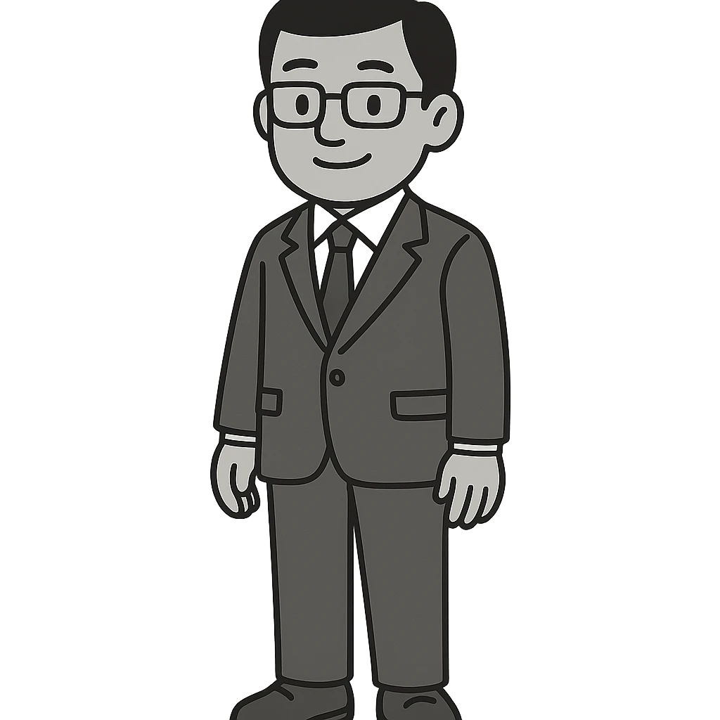 A professional and friendly Asian male character in his 30s-40s, with a balanced build, neat black short hair, and black-framed glasses. He is wearing a dark blue suit jacket, white shirt, and dark blue tie, with brown leather shoes. He is standing upright with a relaxed and confident posture, hands naturally at his sides, and feet slightly apart. Version with a slight smile. emoji
