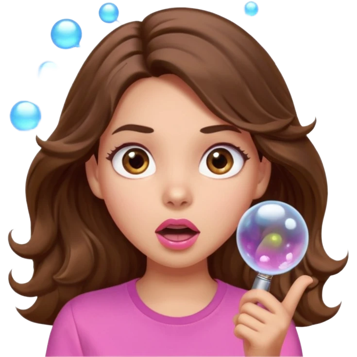 girl with long wavy brown hair, brown eyes, light to medium complexion, in a pink shirt, pink lips, long lashes, surprised, wow bubble emoji