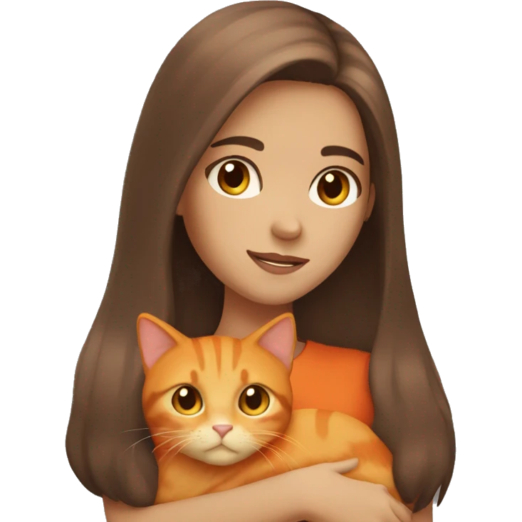  girl with brown long hair and brown eyes cuddling with a orange cat  emoji