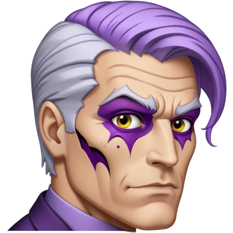 two-face, harvey dent, batman villian, right side of face purple, grey hair emoji