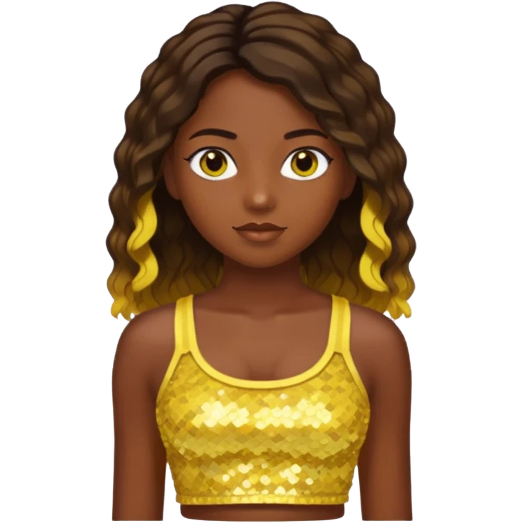 Sasha from Bratz with long light dark brown hair, dark skin, hazel eyes, yellow sequin crop top emoji