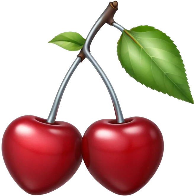 A pair of cherries emoji made of polished silver chrome, smooth rounded shapes, glossy metallic finish, soft highlights and reflections, cute proportions, iOS emoji style, centered, clean white background, no text emoji