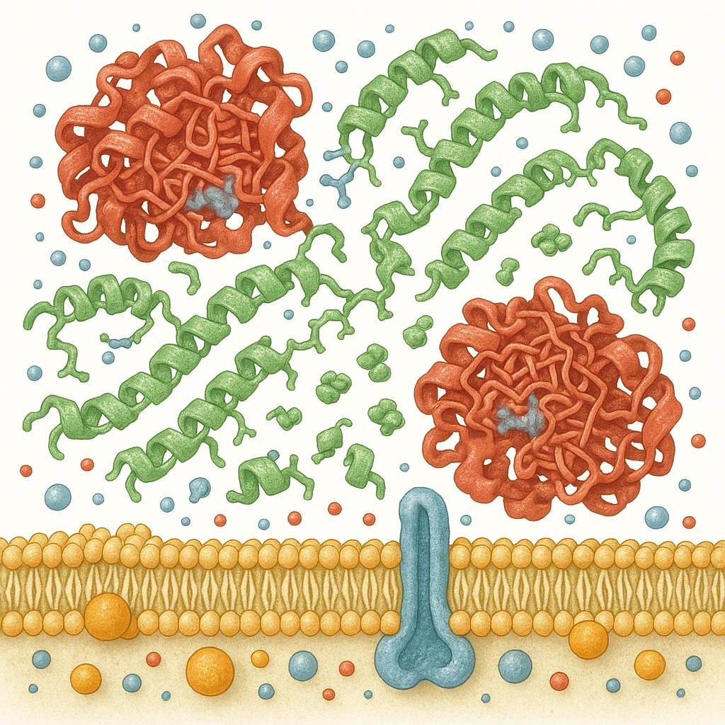 Ultra-realistic scientific illustration of enzymatic starch digestion at the cellular level, rendered in textbook-accurate detail. Show:

Multiple amylase enzyme molecules (red, with clear tertiary structure showing alpha-helices and beta-sheets) actively cleaving
Starch polymers (green amylose/amylopectin with accurate glucose unit linkages - α(1→4) and α(1→6) branches)
Cell membrane segment (yellow phospholipid bilayer with integral proteins and cholesterol molecules)
Reaction environment (blue water molecules, ionic interactions, pH-sensitive groups)
Molecular interactions (hydrogen bonds, substrate-enzyme transition state, electron cloud textures)
Technical Specifications:

Style: Nature Journal-quality structural biology visualization
Lighting: Cryo-EM-like isosurface rendering with subtle ambient occlusion
Perspective: 150,000x magnification view
Background: Pure white (#FFFFFF)
Accuracy: PDB-level structural correctness (reference 1SMD for amylase)
Exclusions: No labels, no cartoon simplifications
Special Details to Include:

Catalytic triad (Asp197, Glu233, Asp300) in amylase active site
Starch helix distortion during hydrolysis
Membrane protein channels for glucose transport emoji