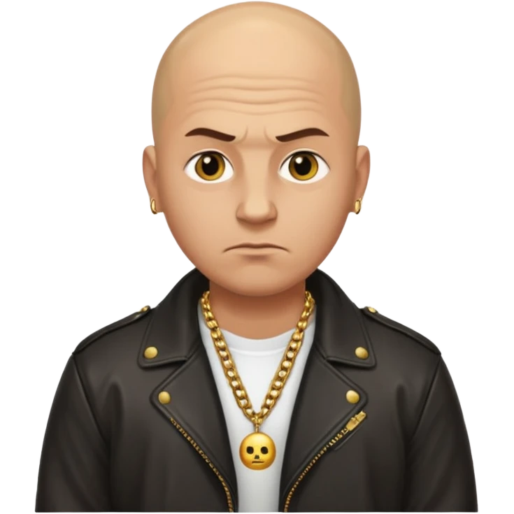Bald Russian 1990s gangster emoji, leather jacket, gold chain, serious face emoji
