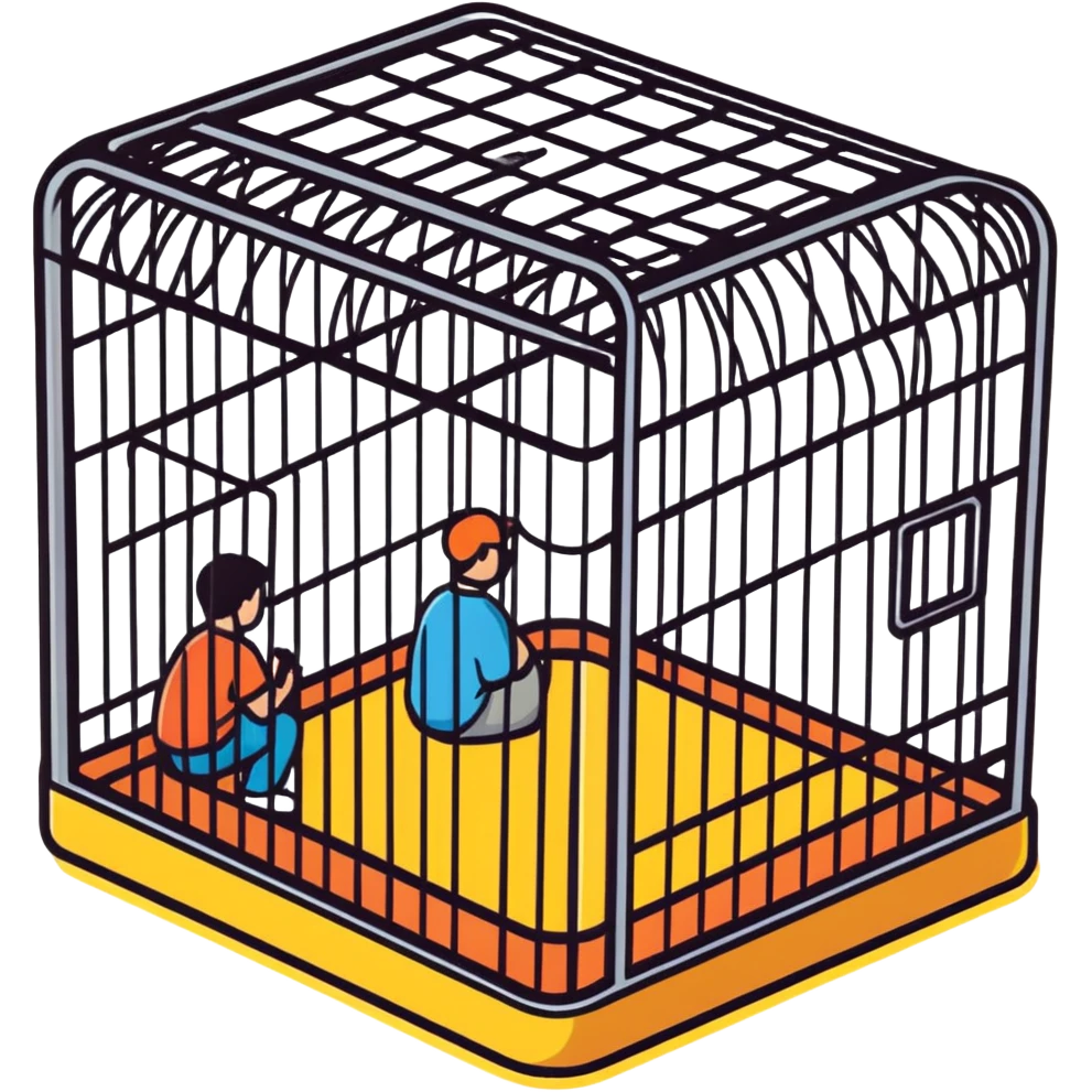 a person inside a cage with several spectators watching, cartoonish sticker style emoji