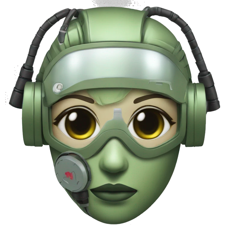 Olive green hair female cyborg head with respirator mask and circuits emoji
