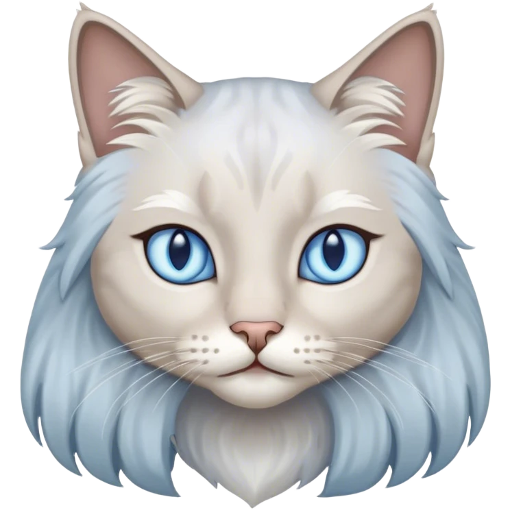 A cat with long grey white hair and blue eyes  emoji