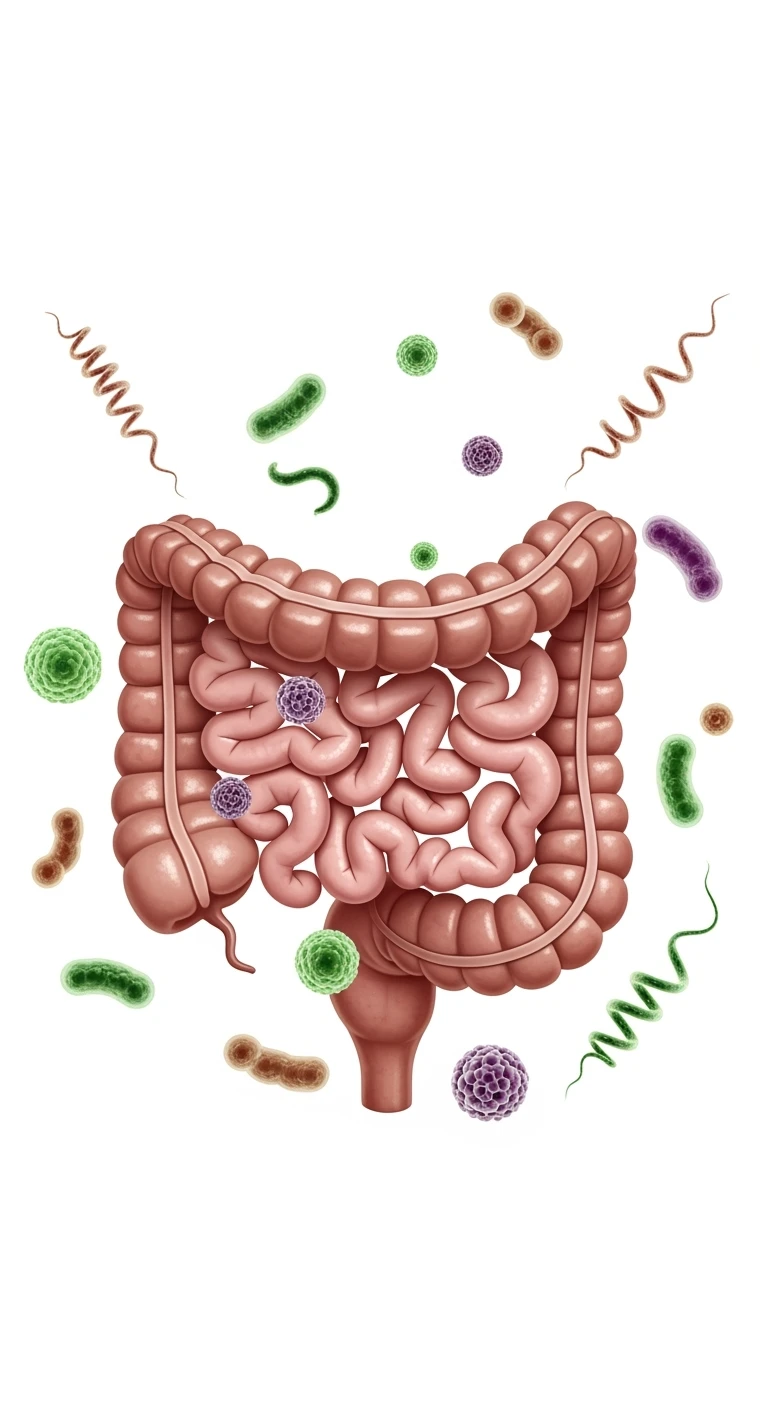 intestino umano anatomico con qualche batterio intestinale che gli fluttua intorno, ISOLATO SU SFONDO BIANCO emoji