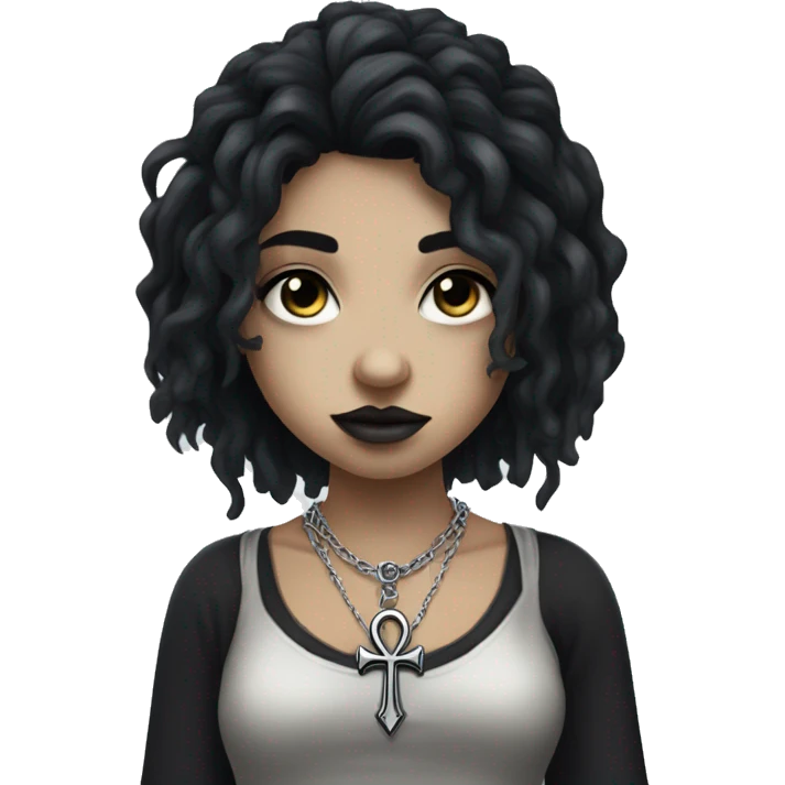 Pale gothic girl with messy black hair and black eyes wearning a silver ankh necklace emoji