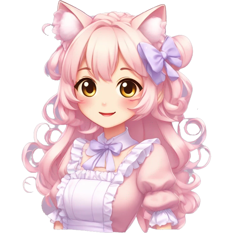 Gorgeous anime style catgirl blushing face maid outfit Lolita idol model colorful shiny sparkle kawaii pastelcore cottagecore pearly petite simplistic aesthetic trending style emoji