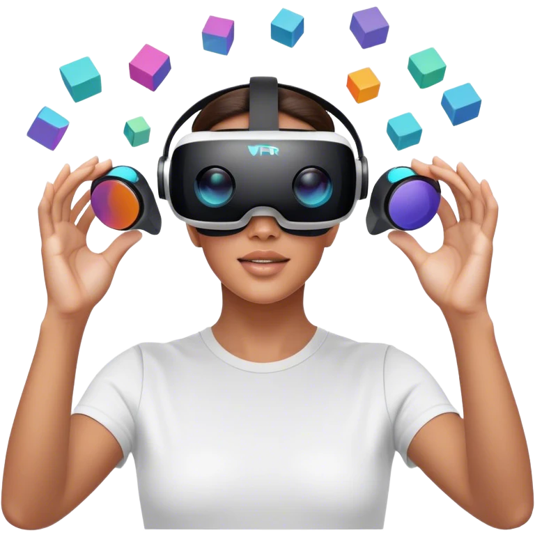 Create an emoji for the creation of VR/AR technology. Show a designer's hands holding a VR headset or AR glasses, with floating 3D models or virtual objects being manipulated in the air. Use modern, tech-inspired colors. Do not include any emojis or smiley faces. Make the background transparent. emoji