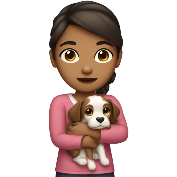 A girl with a mixed skin tone and dark brown hair with a bow and a puppy in her arms emoji