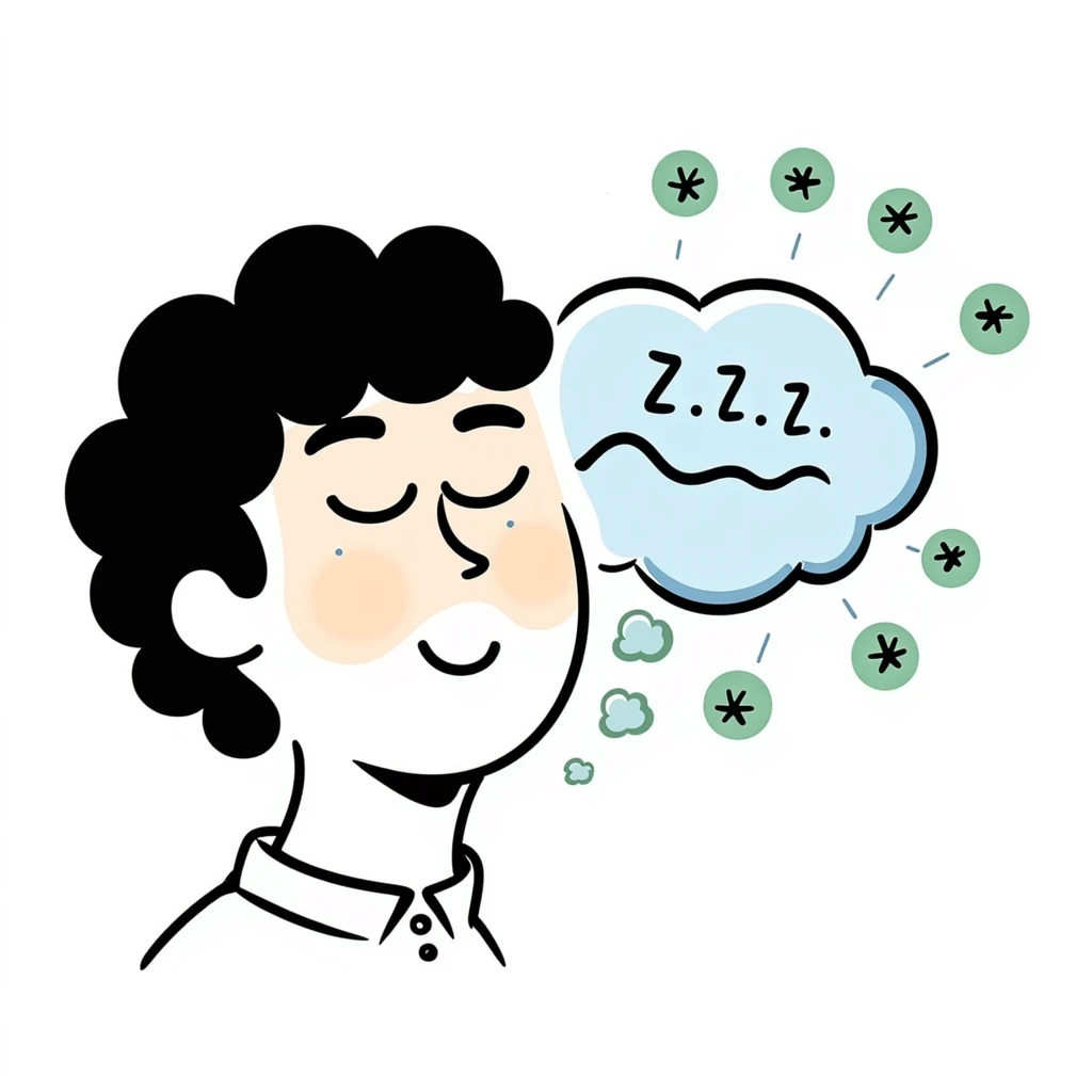 Sedative effect illustration: half-awake (orange) and half-asleep (blue) face profile with green sedative molecules slowing down red brain activity waves. Hand-drawn sleep icons (ZZZ) increasing in size as consciousness fades. Simple and clean sleep medicine concept. emoji