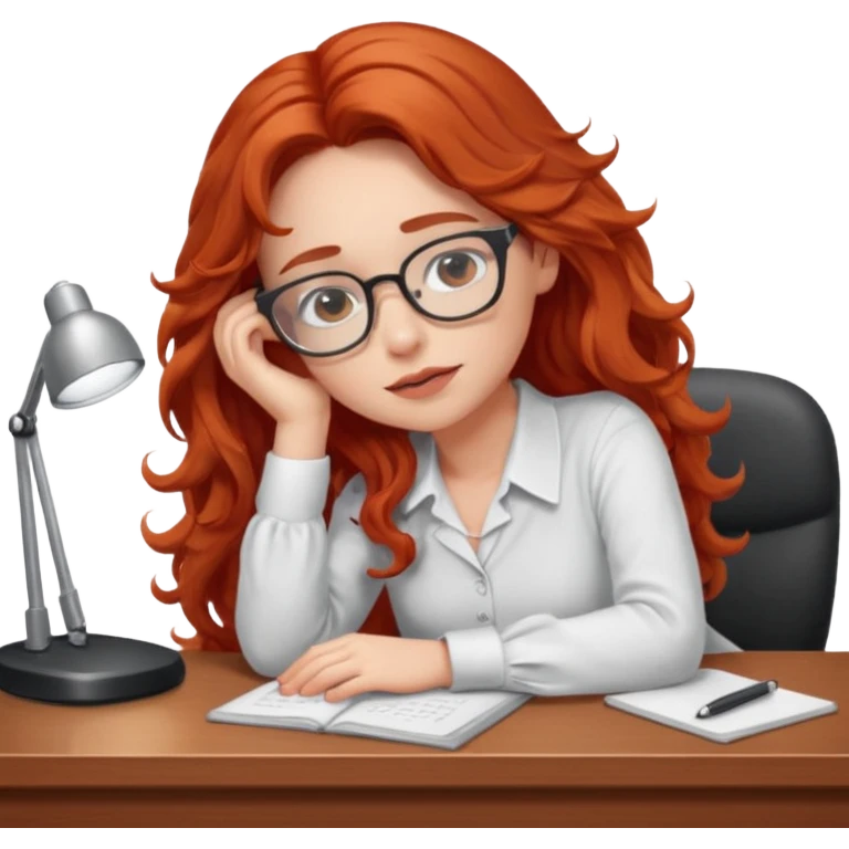 Pretty white model, brown eyes, soft long red wavy hair, falling asleep at desk emoji