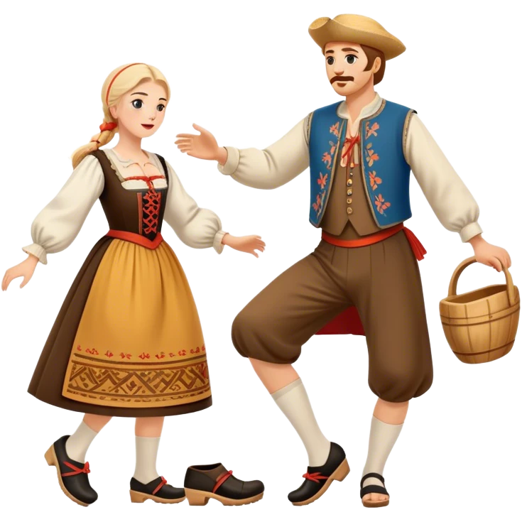 Cinematic Realistic scene of two performers executing the Klompendans, dressed in traditional Dutch costumes complete with wooden clogs and detailed folk patterns, captured in lively motion with soft, natural lighting emoji