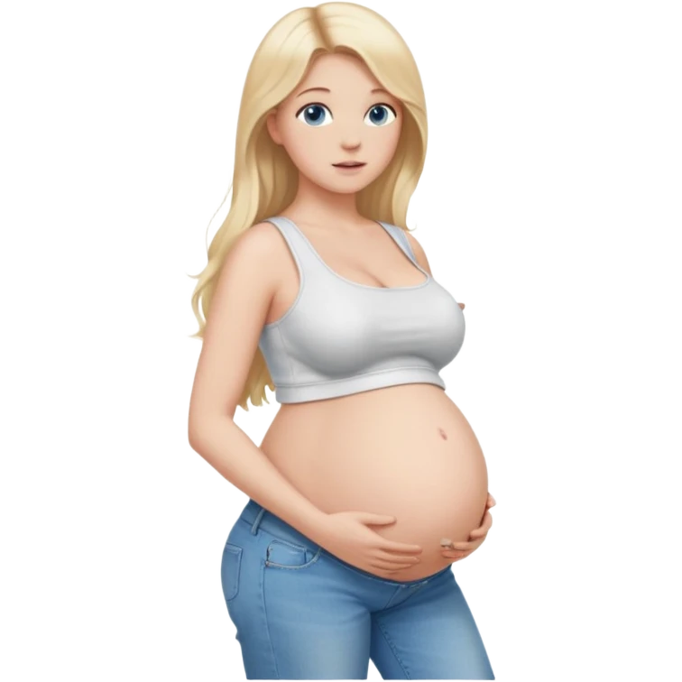 White girl, 18, long blonde hair, blue eyes, white crop top, jeans, huge pregnant belly, big boobs, side view, skinny, bare midriff. emoji
