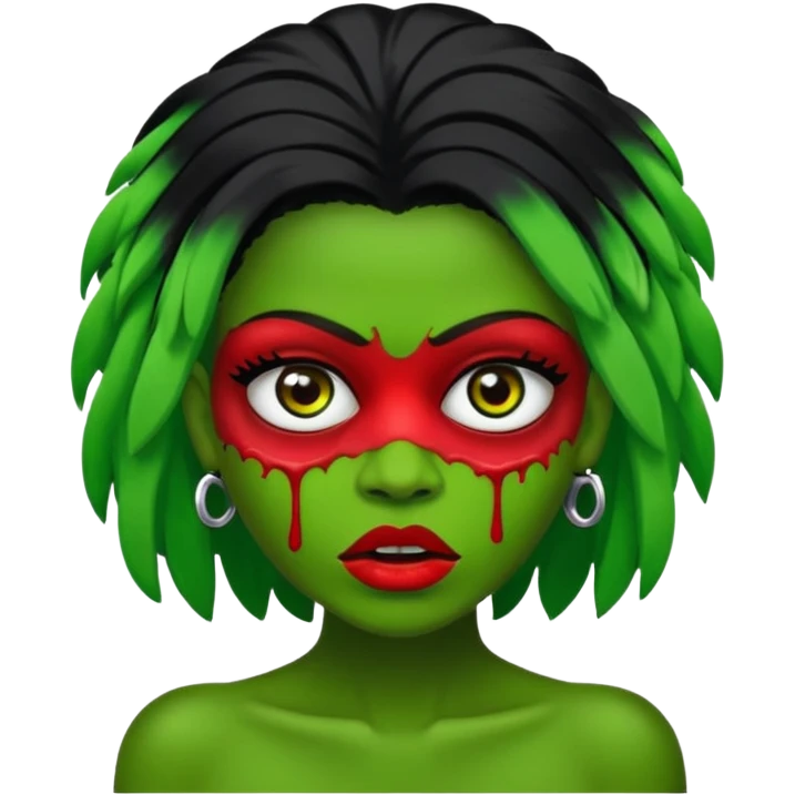Uma zumbi de pele verde cabelo chanel todo preto bagunçado sem cabelo verde emoji
