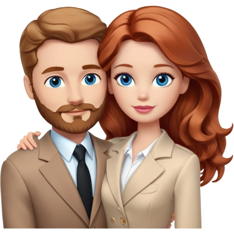 Barbie girl  , eyes blue , Chestnut red long wavy hair In pale beige clothes, Hugs a man with light brown hair Short hair , brown eyes , With a beard and a black suit emoji