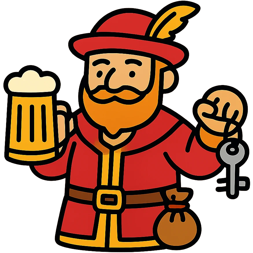 Fantasy tavern owner with red outfit, holding mug and keys to the establishment. RPG innkeeper with money pouch. emoji
