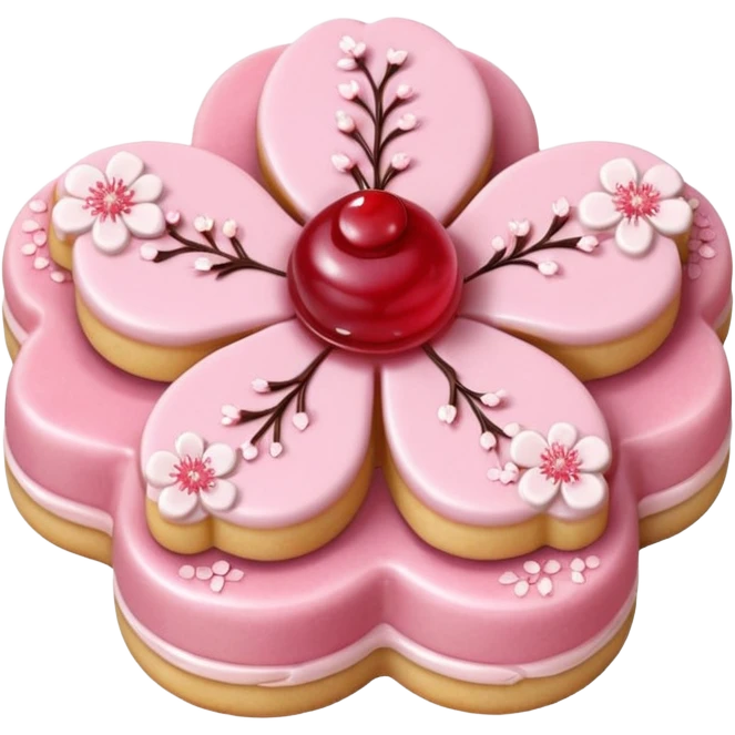 Realistic shortbread cookie in the shape of a cherry blossom with pale pink color jelly middle filling and sprinkled powder sugar on top. emoji