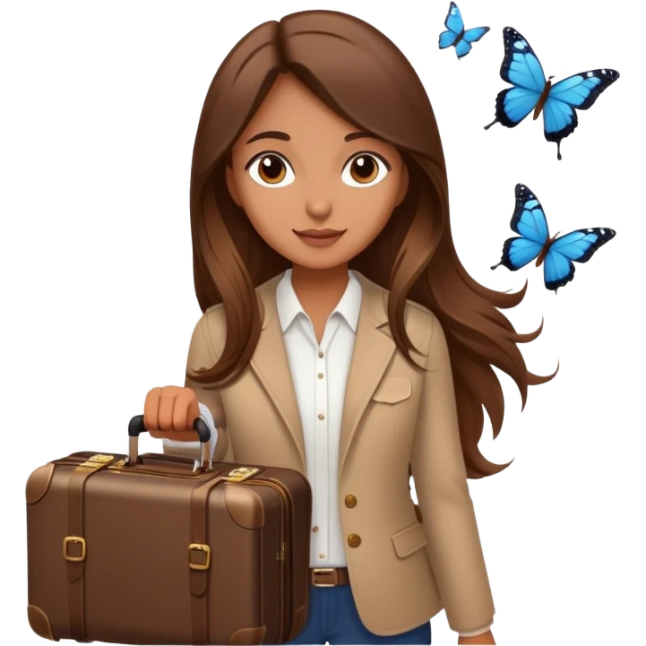 Girl with long brown hair with a suitcase, ready for travel, passport in hand and butterflies around her elegant emoji