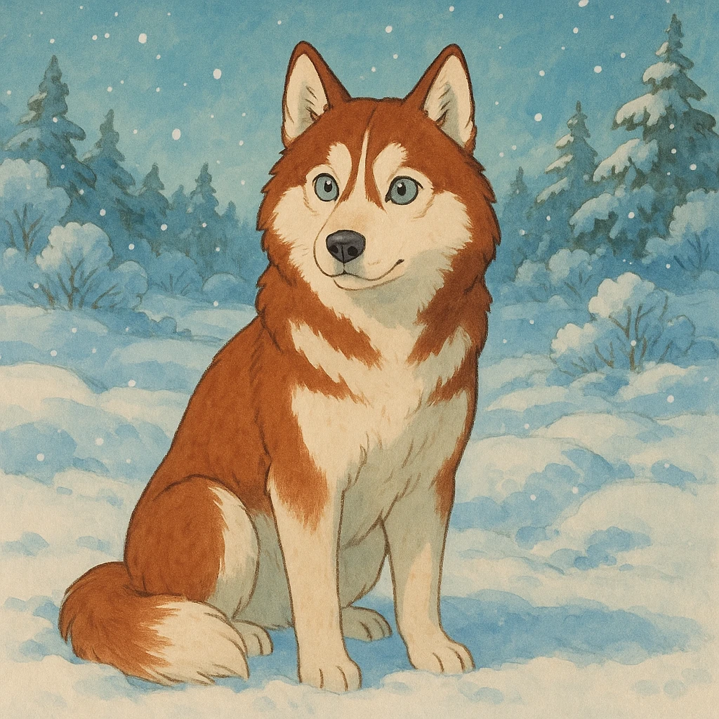 red siberian husky with blue eyes sitting in the snow emoji