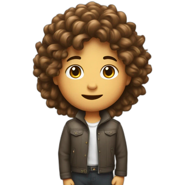 Un garçon brun avec des cheuveux bouclés qui a le stand de the World  emoji