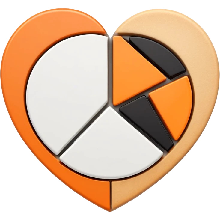 heart divided into three pie chart segments: black, white, and orange emoji