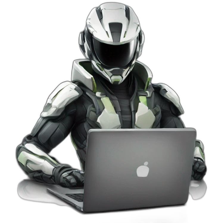 Side view developer behind his laptop with this style : Crytek Crysis Video game with nanosuit hacker themed character emoji
