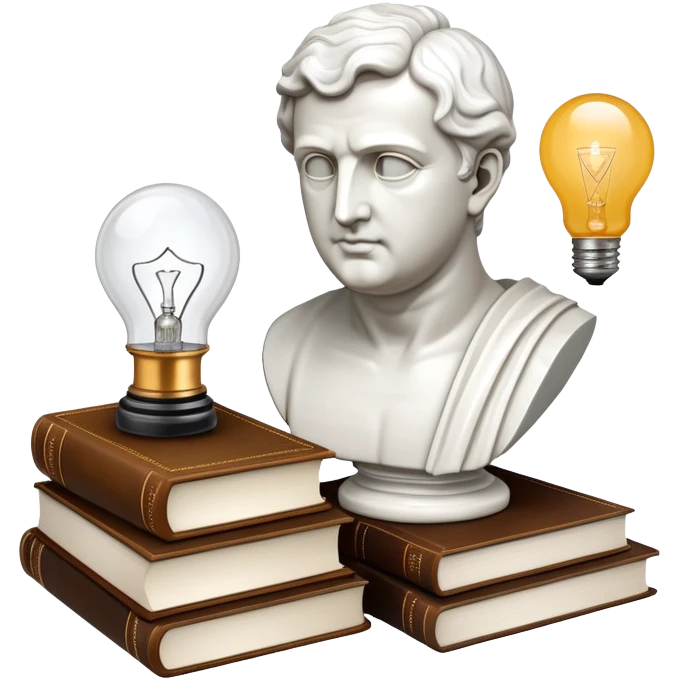 An icon featuring a classical bust, a book of philosophy, and a lightbulb, symbolizing the study of philosophy. The design includes an abstract symbol of thought and reasoning, representing deep intellectual inquiry and exploration of ideas. Transparent background emoji