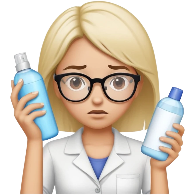 Girl with glasses looking disgusted, holding shampoo bottle away from her, not wanting to wash her hair emoji