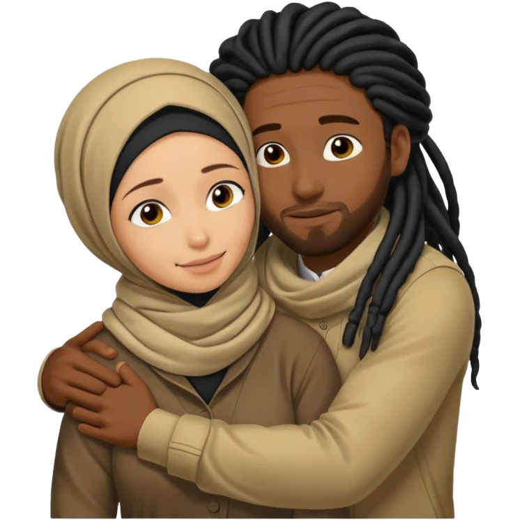 Tan skinned hijab woman hugging a black guy with dreadlocks emoji