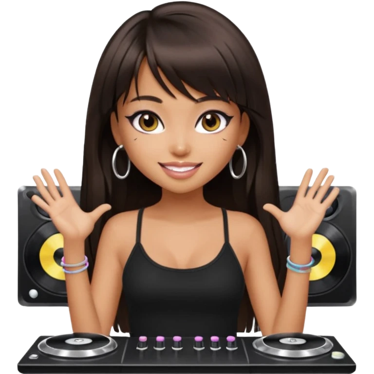 generate a pretty bratz girl in black cami top, dark brown straight long hair with bangs, eyeliner on, djing emoji