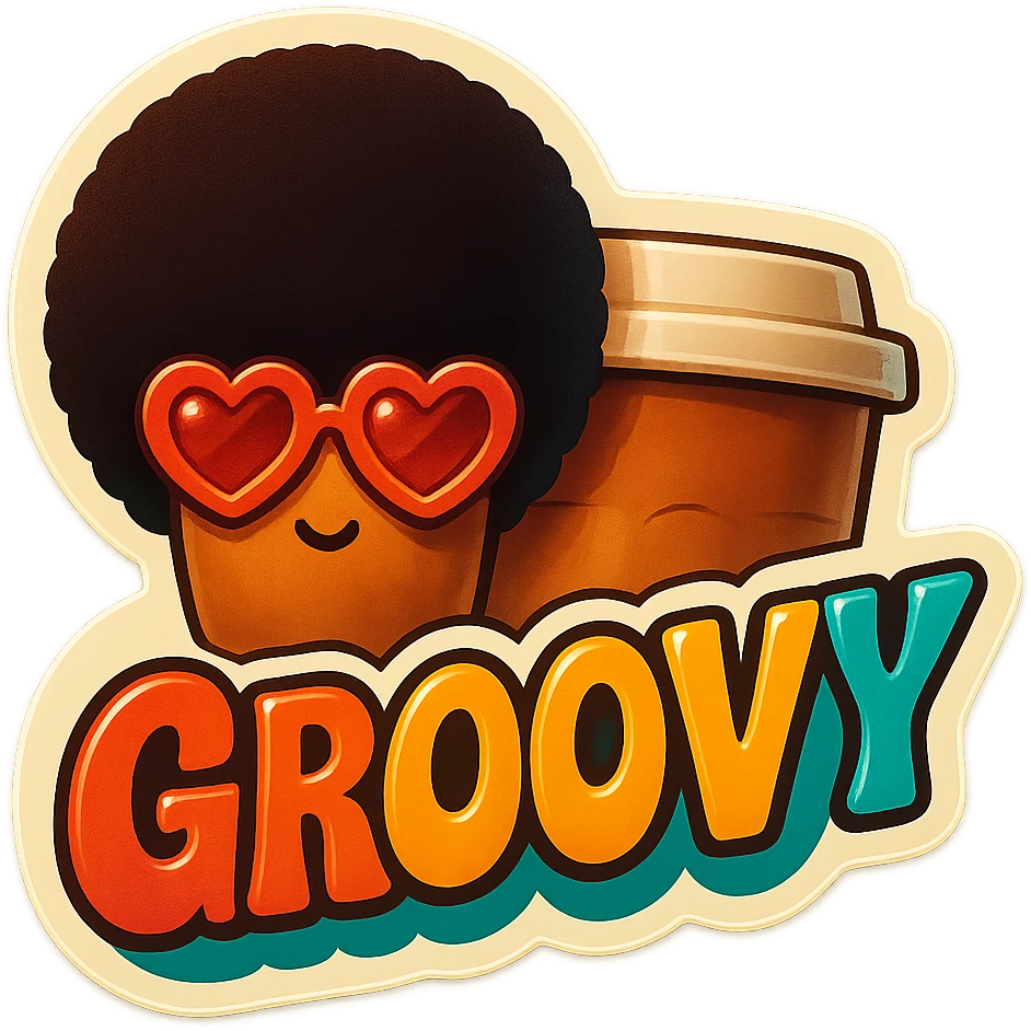Tall coffee cup, no mouth, afro, heart glasses, giant groovy sign emoji