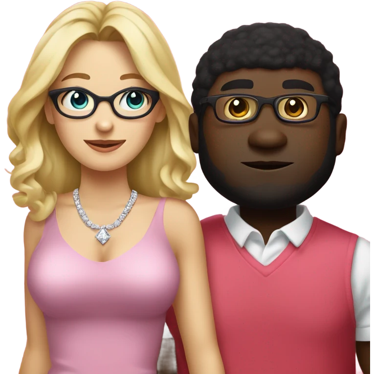 White blonde woman in a pink dress and diamond necklace standing next to emoji black man with glasses wearing red shirt glasses standing next to white eoman emoji